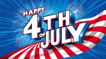 Naklejka premium Happy 4th of July with American Flag and Fireworks on Blue Background