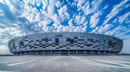 Modern football stadium with views from the outside. Football stadium arena for professional match with modern building