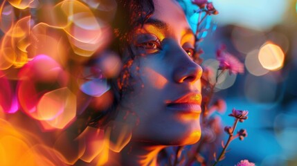 Woman with flowers gazing at nighttime lights