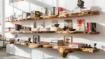 modern, wall-mounted bookshelf crafted from natural wood, filled with art books and small sculptures, in a bright, airy studio