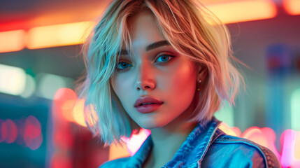 Beautiful blonde with a bob haircut on a dark background with neon lighting. Fashion woman posing indoors. Beauty and fashion concept.