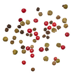 Mixture of red, green and black peppercorns on isolated background