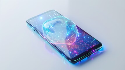  An image of a smartphone displaying a 3D holographic globe, emphasizing the role of innovative technology in connecting people across the globe, with vibrant light particles illustrating data exchang