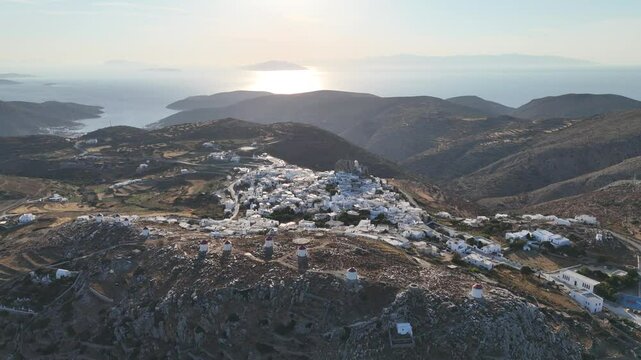 Aerial drone shot of Chora on the Island of Amorgos, Cyclades, Greece