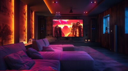 private home cinema with ambient lighting that can be adjusted from an app