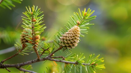 Close up image of two immature hemlock cones on a twig with a blurred background