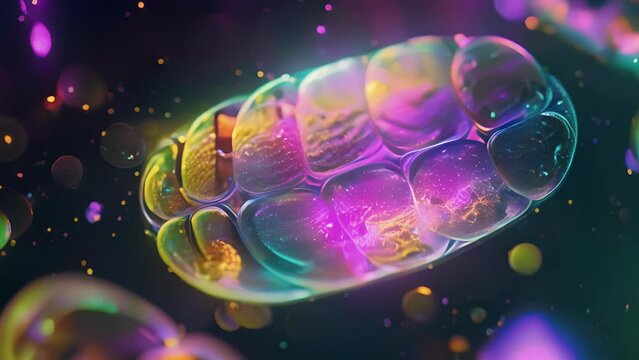 Portrait of a mitochondrion with a colorcoded depiction of the different steps and components involved in oxidative phosphorylation.