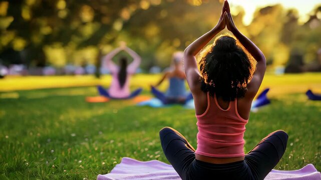 A woman is sitting on a blanket in a park with other people. The woman is wearing a pink shirt and black pants. The other people are also sitting on blankets and practicing yoga