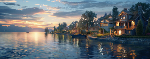 Fototapeta premium A serene coastal village at twilight background with calm waters, charming houses, and the textures of warm lights and tranquil ambiance, creating a peaceful and picturesque coastal retreat.