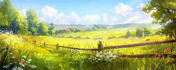 A serene countryside in summer background with blooming flowers, gentle breezes, and the textures of lush grasses and vibrant colors, creating a peaceful and picturesque seasonal scene.