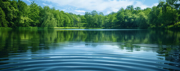 A serene lake reflection background with calm water, green trees, and textured ripples. The peaceful, picturesque view creates a relaxing, tranquil scene.