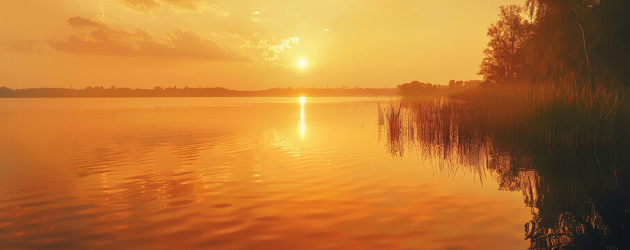A serene lake sunset background with warm orange hues, calm water, and textured reflections. The peaceful, picturesque view creates a relaxing, tranquil scene.