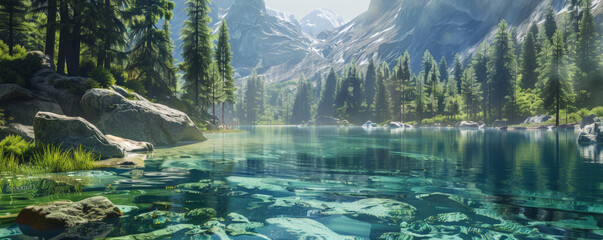 A serene mountain lake background with clear blue water, green forests, and textured rocks. The peaceful, natural elements create a calming, picturesque scene.