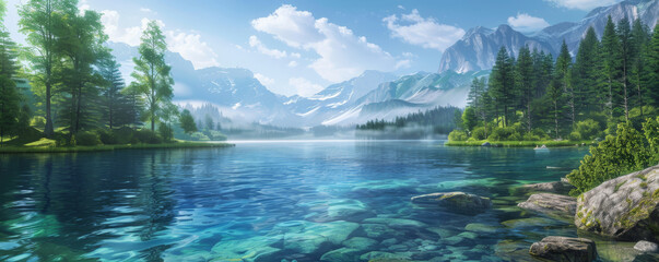 A serene mountain lake background with clear blue water, green forests, and textured rocks. The peaceful, natural elements create a calming, picturesque scene.