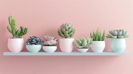 Fototapeta premium set of minimalist ceramic planters in pastel colors, each housing a different type of succulent, arranged on a floating wall shelf