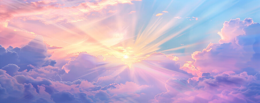 A serene sunrise background with soft pastel colors, gentle light rays, and textured clouds. The tranquil, picturesque view creates a peaceful, inspiring scene.