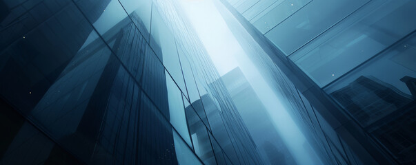 A sleek glass skyscraper background with a reflective surface and subtle blue tint. The modern, high-rise look adds a sophisticated, urban feel.
