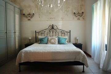 Elegant bedroom interior with a luxurious wrought iron bed, blue walls, and a chandelier, decorated with classic wooden nightstands and a cozy fireplace, copy space. Concept: home decor, luxury living