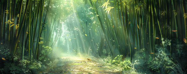 A tranquil bamboo forest background with tall stalks swaying gently, filtered sunlight, and the textures of fallen leaves and peaceful pathways, creating a serene and Zen-like atmosphere.