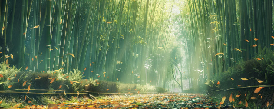 A tranquil bamboo forest background with tall stalks swaying gently, filtered sunlight, and the textures of fallen leaves and peaceful pathways, creating a serene and Zen-like atmosphere.