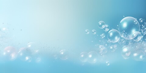 Clear blue bubbles floating on a light blue background, with a soft gradient and wavy lines, creating a fresh and airy atmosphere, banner with copy space. Concept: water bubbles, freshness, purity, cl