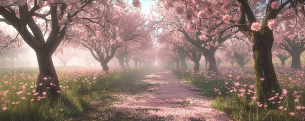 A tranquil cherry orchard background with blooming trees, gentle breezes, and the textures of soft petals and serene pathways, creating a peaceful and picturesque springtime setting.