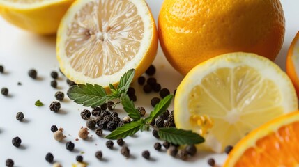 Concept of Cannabis Terpene with Lemon Orange and Peppercorns on White Surface
