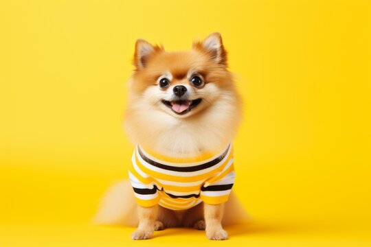Happy Pomeranian dog in a yellow striped sweater, sitting against a bright yellow background, tongue out

yellow striped sweater, cheerful expression, bright yellow background, verti