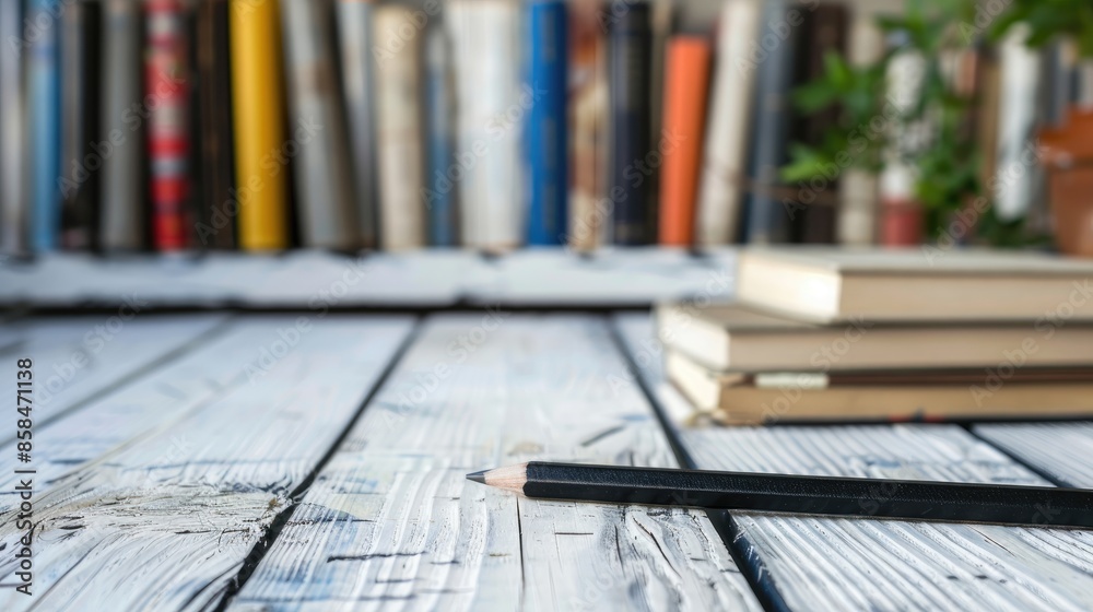 Sticker Black pencil on white wooden floor with books in the backdrop