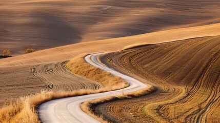 Fototapeta premium A minimalist landscape with a single, winding road through a vast, empty field