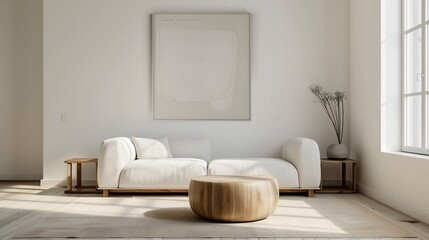 A minimalist living room with a clean, white sofa, a plain coffee table, and a single piece of modern art