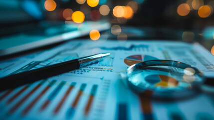 Close-up of a magnifying glass lying on documents in a dark office. Financial inventory management. Business audit, data analysis. Business concept.