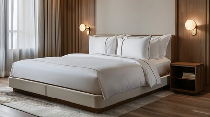 A modern, minimalist bed with crisp white linens and a single decorative pillow