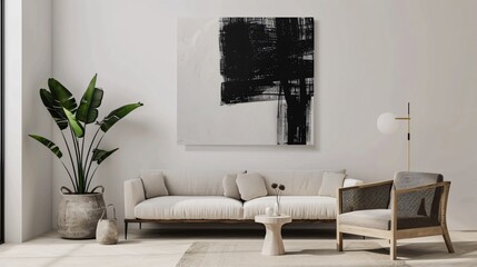 A simple black-and-white abstract painting on a plain white wall in a modern living room