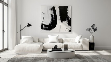 A simple black-and-white abstract painting on a plain white wall in a modern living room