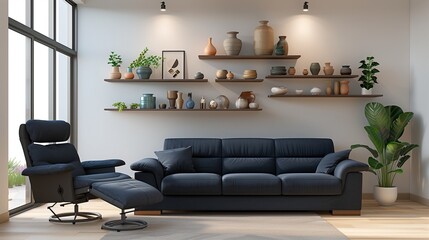A modern living room with a dark blue sofa, a recliner chair, and a wall of floating shelves displaying a curated selection of pottery and plants