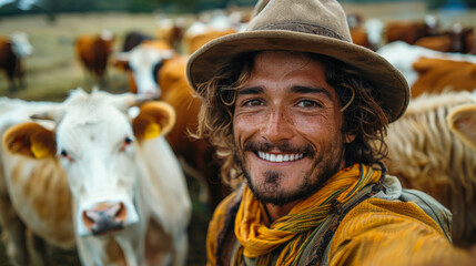 Fototapeta premium A young farmer in a hat takes a selfie with his cattle in the background. Happy Brazilian agronomist working on a farm with animals. Concept of agriculture, livestock.