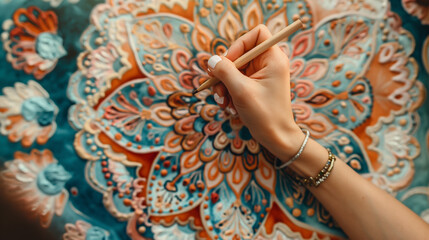 Photo of a woman's hand coloring a mandala.