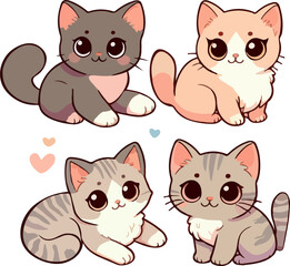 set of stickers with cute cats in pastel colors