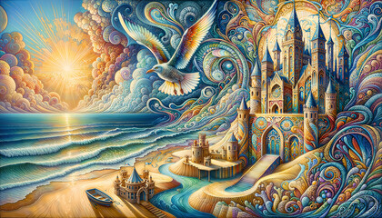 Obraz premium Fantasy Castle by the Ocean with Sunset and Bird