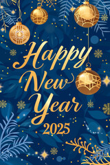 Happy new year 2025 greeting card with ornaments and snowflakes falling on a festive teal background