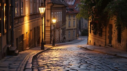 Obraz premium A solitary street lamp casting a soft glow on a deserted cobblestone street at dusk