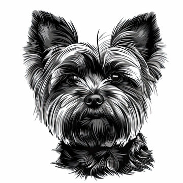 A black and white drawing of a yorkshire terrier dog