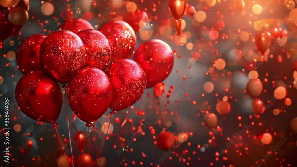 Poster A bunch of red balloons with confetti falling on a dark background with bokeh lights.