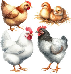 set with hens, roosters, chicks and eggs in watercolor style in vector