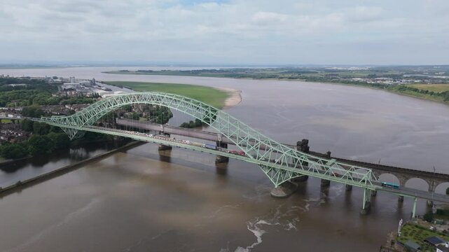 Aerial view of the Silver Jubilee Bridge in Cheshire, England