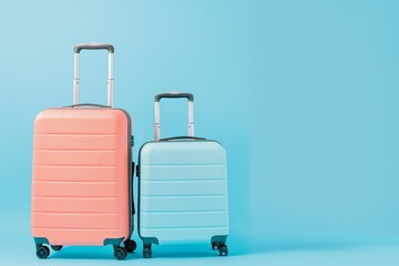 Obraz premium Studio photo of two pastel colored suitcases with wheels and the top handle up, placed next to each other on an isolated brightly coloured background. This composition creates a sense of travel fun.