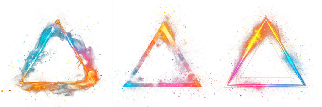 Set of multicolored glow magic triangle isolated on transparent background. A triangle of blue, red, golden sparkling sequins. Round flare frame, glitter dust overlay, multi-colored fairy dust.