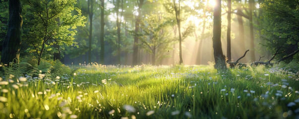A tranquil forest clearing at sunrise background with morning light, fresh air, and the textures of dewy grasses and serene surroundings, creating a peaceful and refreshing start to the day.