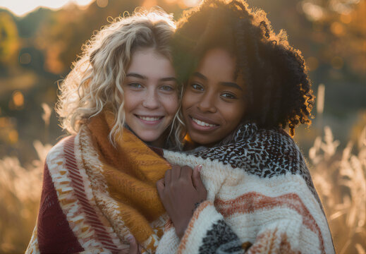 Duas lindas jovens, uma com cabelos loiros cacheados e outra com cabelos castanhos com textura afro, vestindo cobertores aconchegantes no outono ao p&ocirc;r do sol, abra&ccedil;ando-se sorrindo. Cores quentes